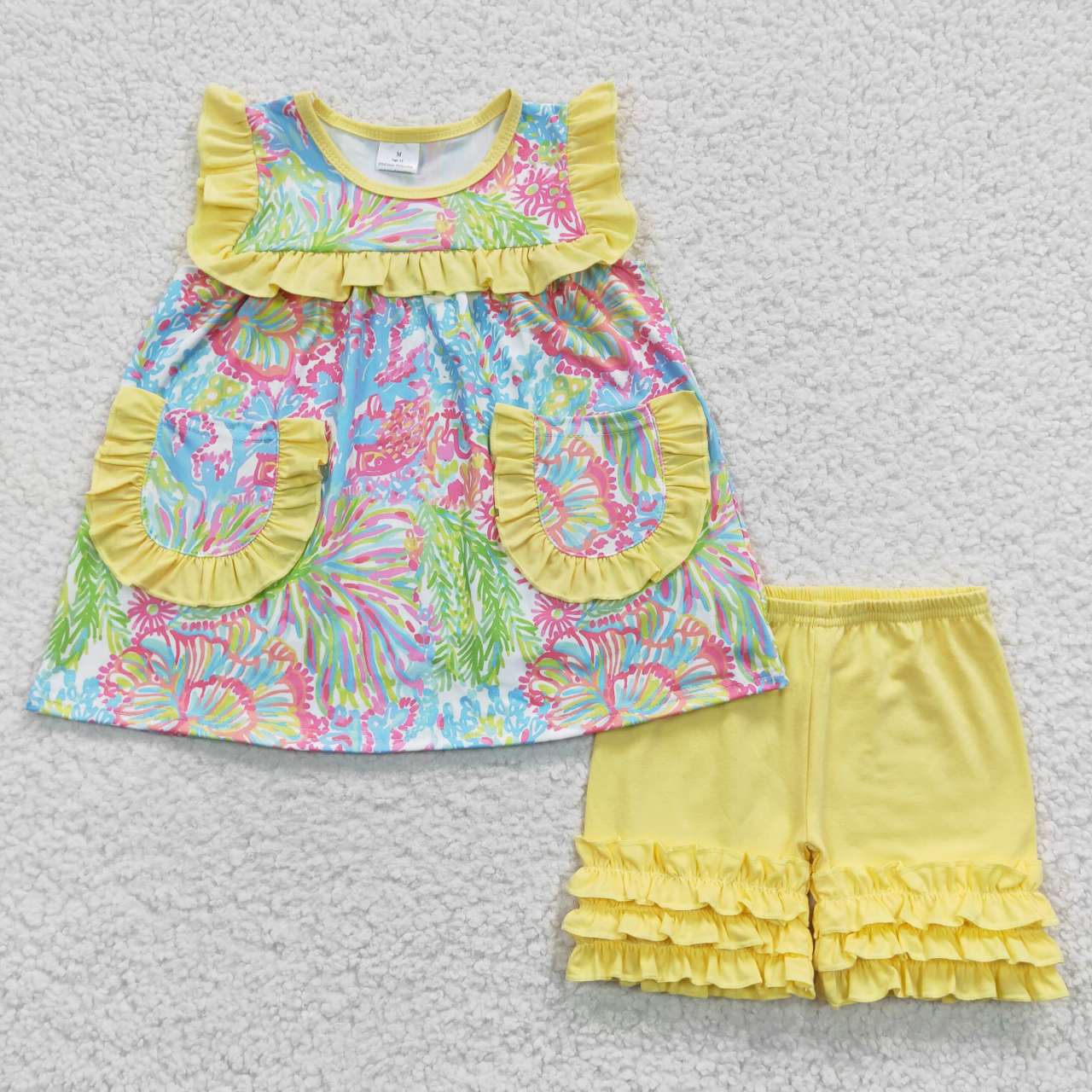 GSSO0337 Pink & Blue Flowers Green Pockets Yellow Sleeve-less Girl Set