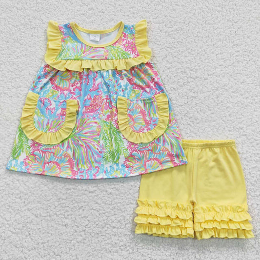 GSSO0337 Pink & Blue Flowers Green Pockets Yellow Sleeve-less Girl Set