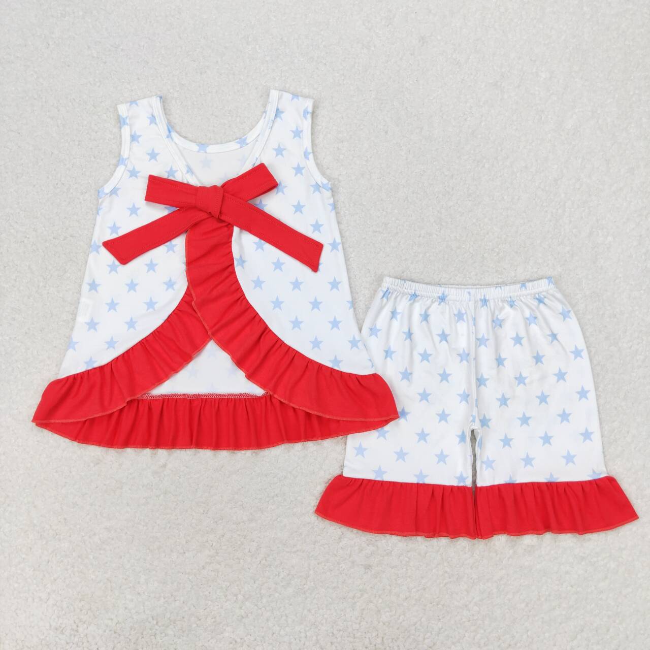 GSSO1217  July 4th star sleeveless top red ruffles shorts girls set