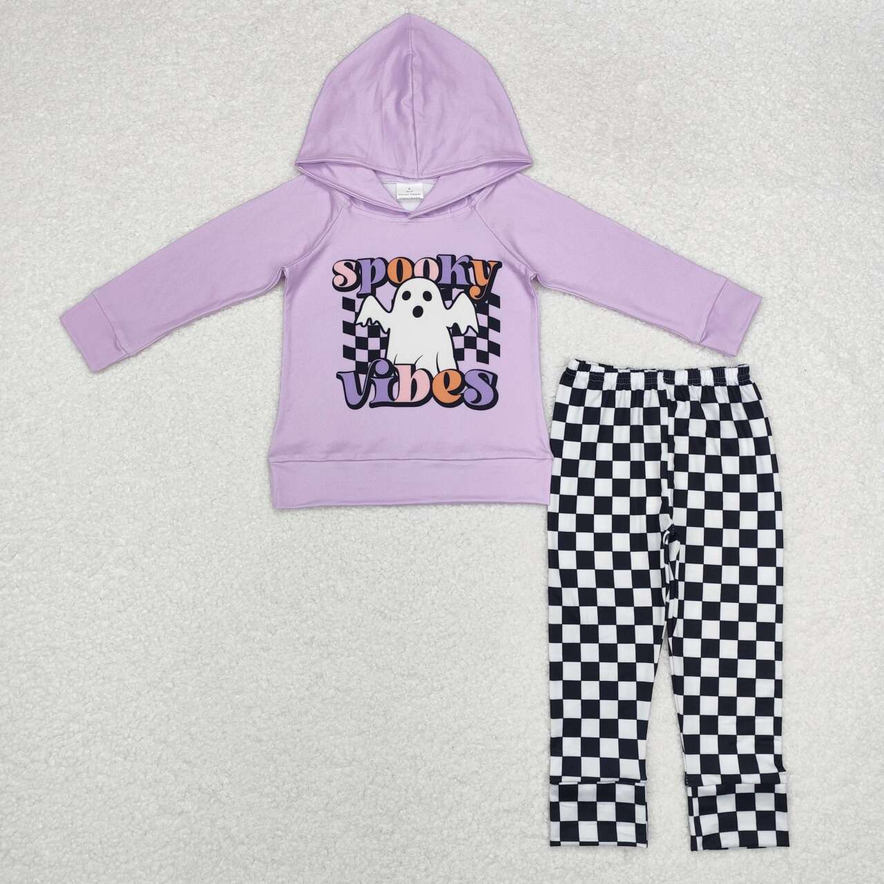 BLP0792 Halloween spooky vibes purple long sleeve hoodie black checkered pants girls set