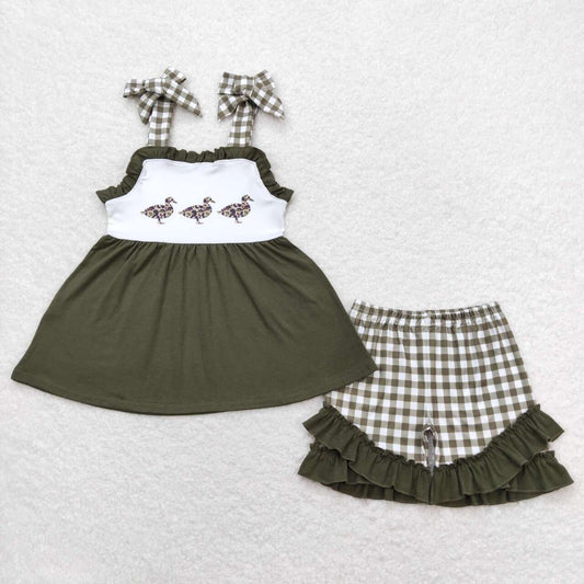 GSSO0716 Camo mallard green sleeveless green checkered shorts girls set