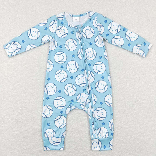 LR0824 Baseball blue long sleeve boys zipper romper