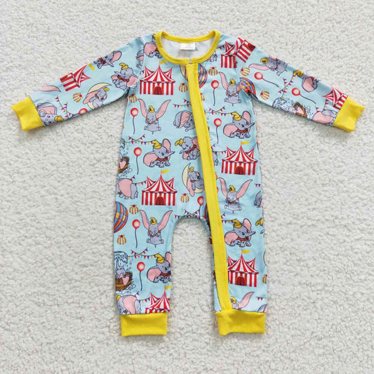 LR0346 Hot Air Balloon Elephant Blue Long Sleeves Kids Romper