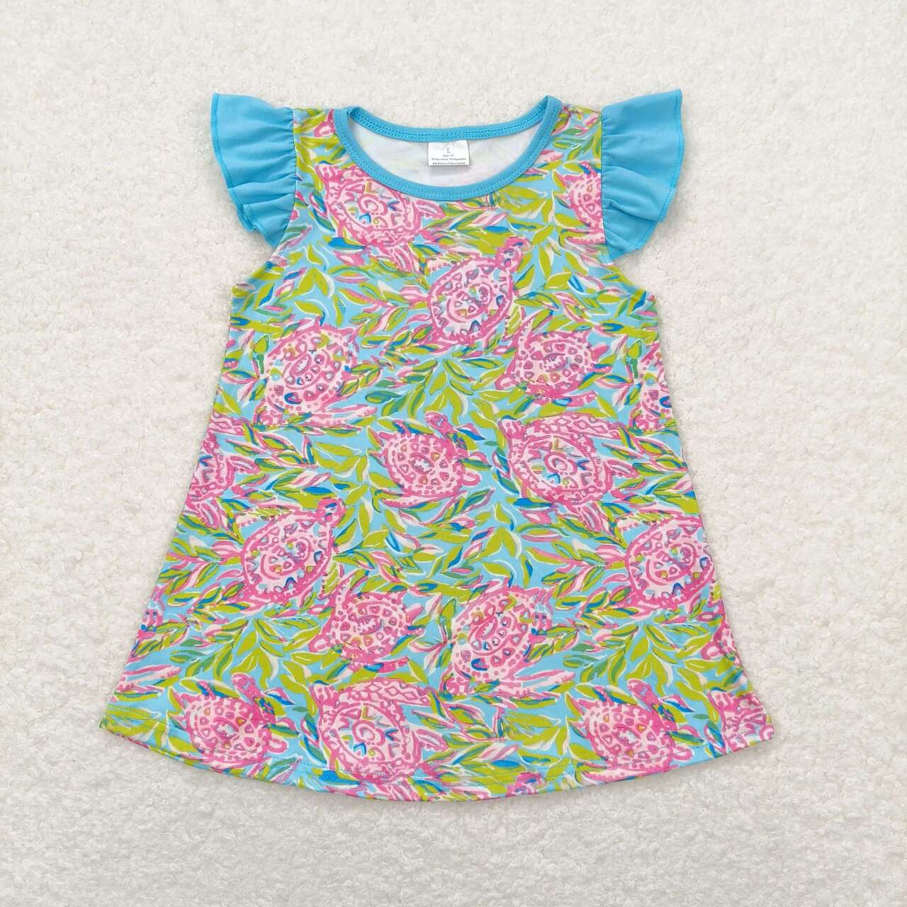 GT0566 hot pink tortoise leaf blue flutter sleeve girls top