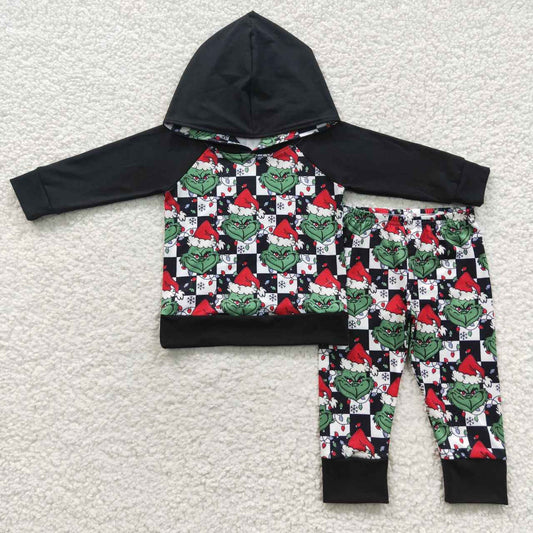 BLP0223 Christmas Green Face Hoodie Long Sleeve Pants Boy Set Kids Clothes