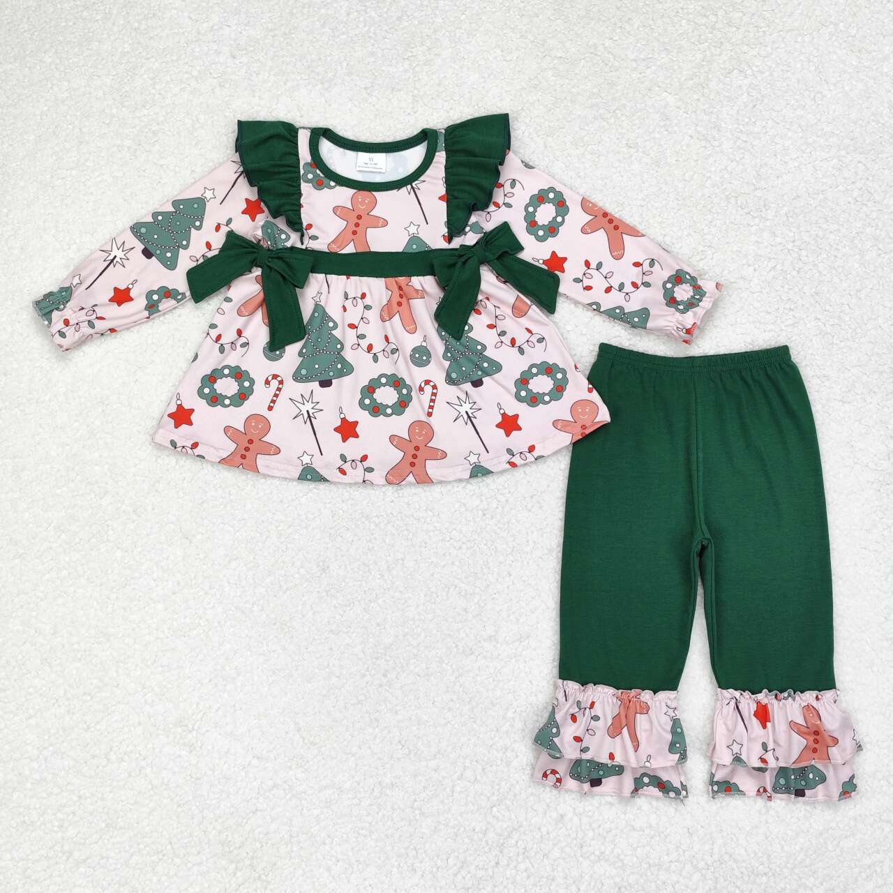 GLP1254 Christmas gingerbread man candy tree long sleeve green pants girls set