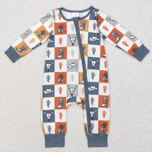 USA SHOP LR0803 Western cactus boot checkered long sleeve kids romper