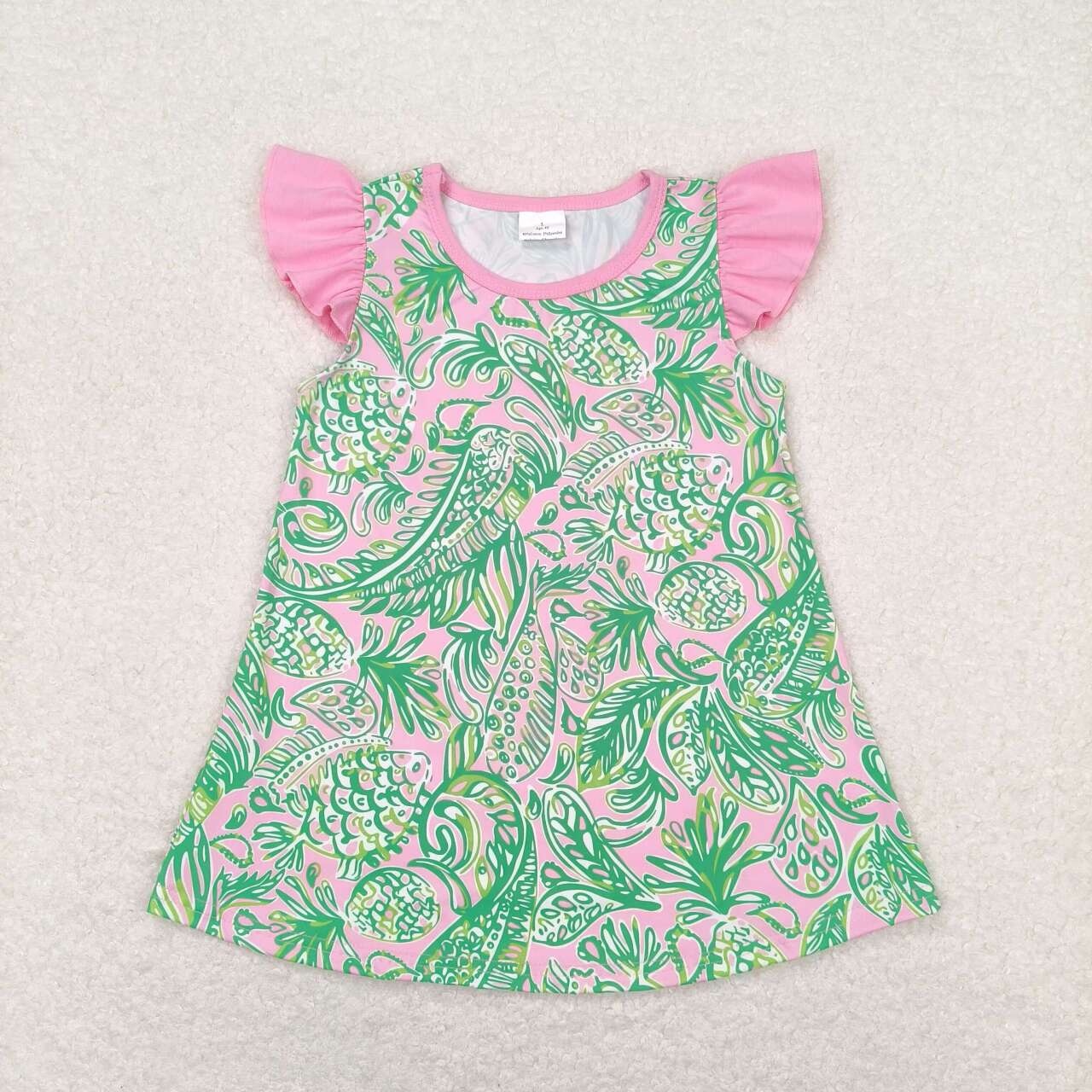 GT0561 green fish leaf pink flutter sleeve girls top