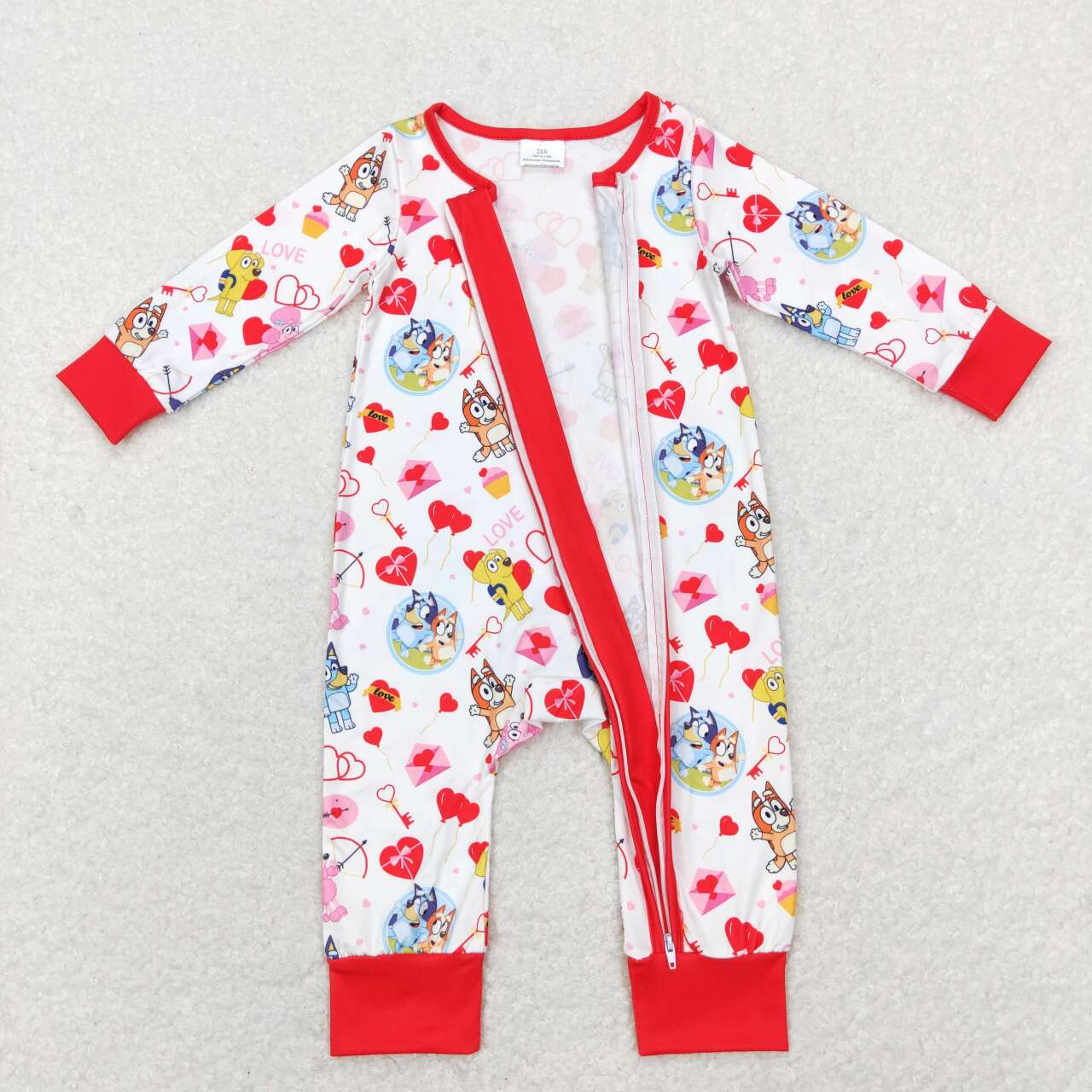 LR0908 Valentine's Day Heart Cartoon Dog Red Long Sleeve Zipper Girls Romper