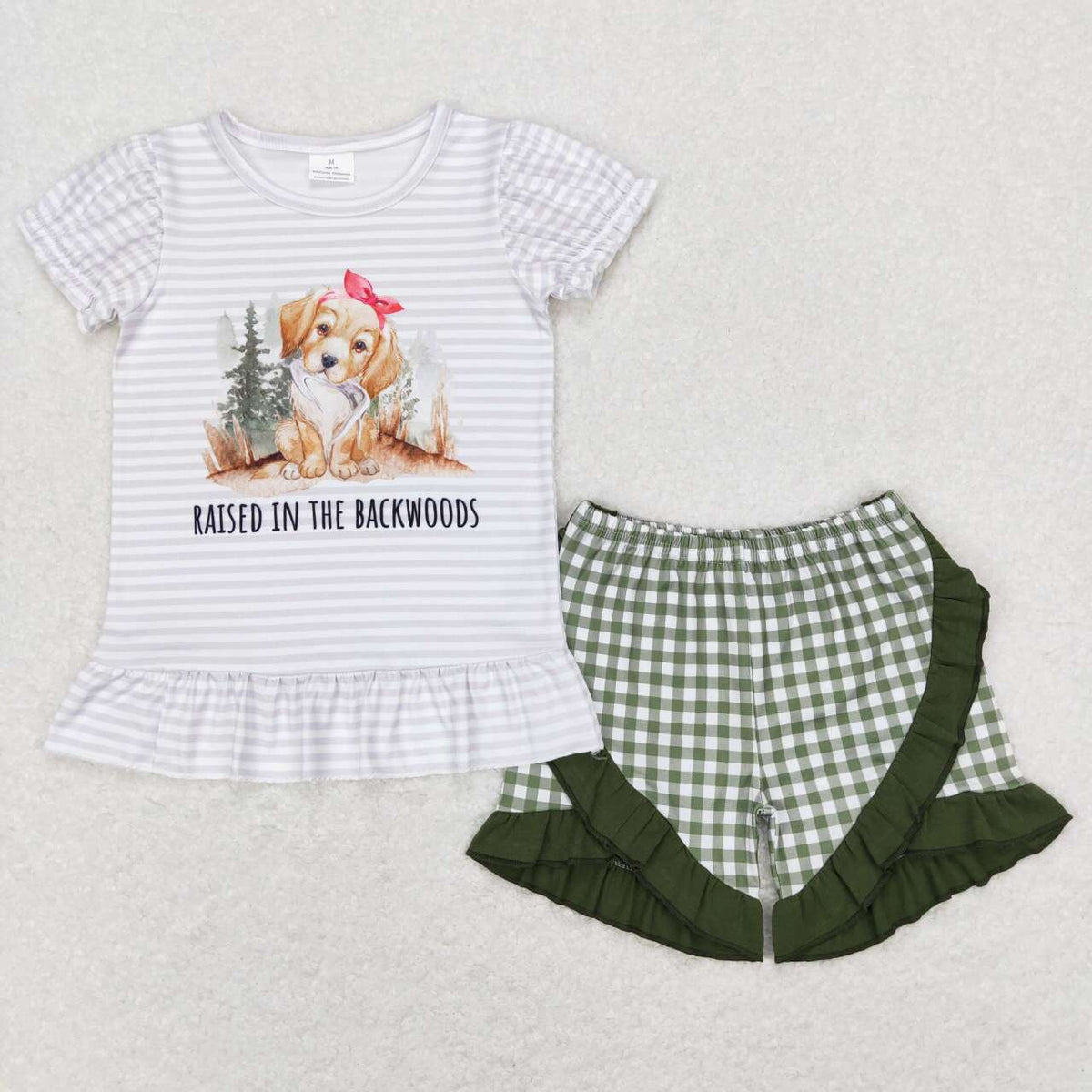 GSSO0417 Raised in the backwoods dog striped short sleeve green checkered shorts girls set
