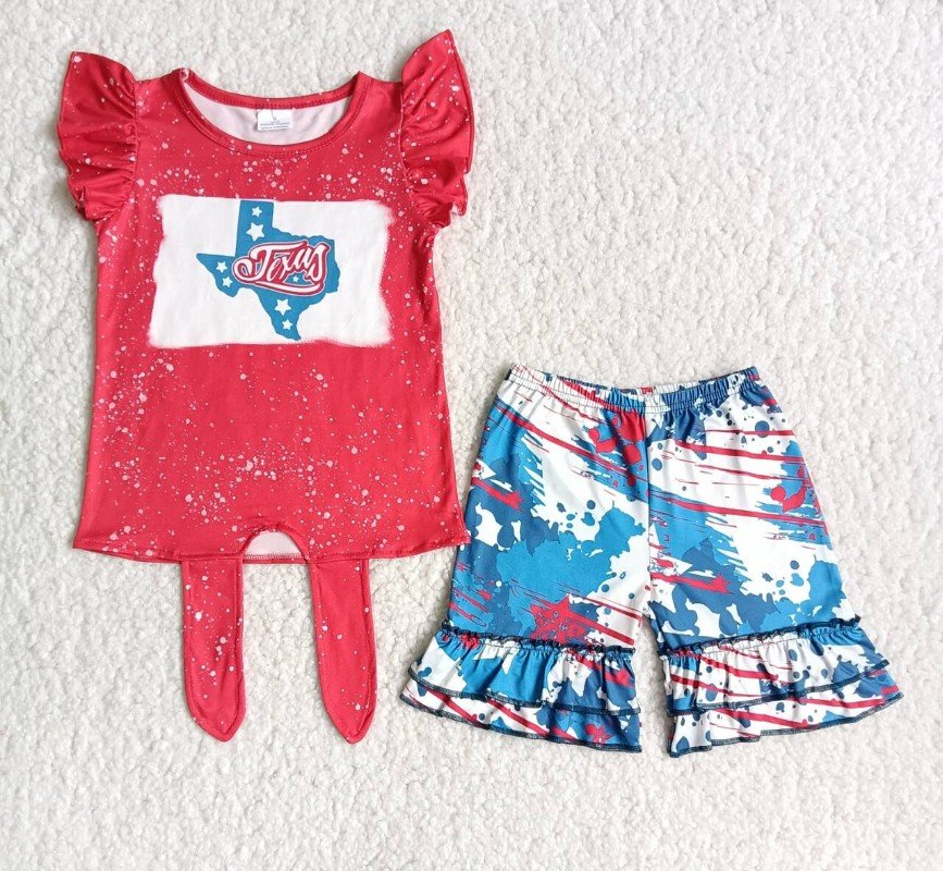 C0-1 July 4th red flutter sleeve blue print shorts girls set