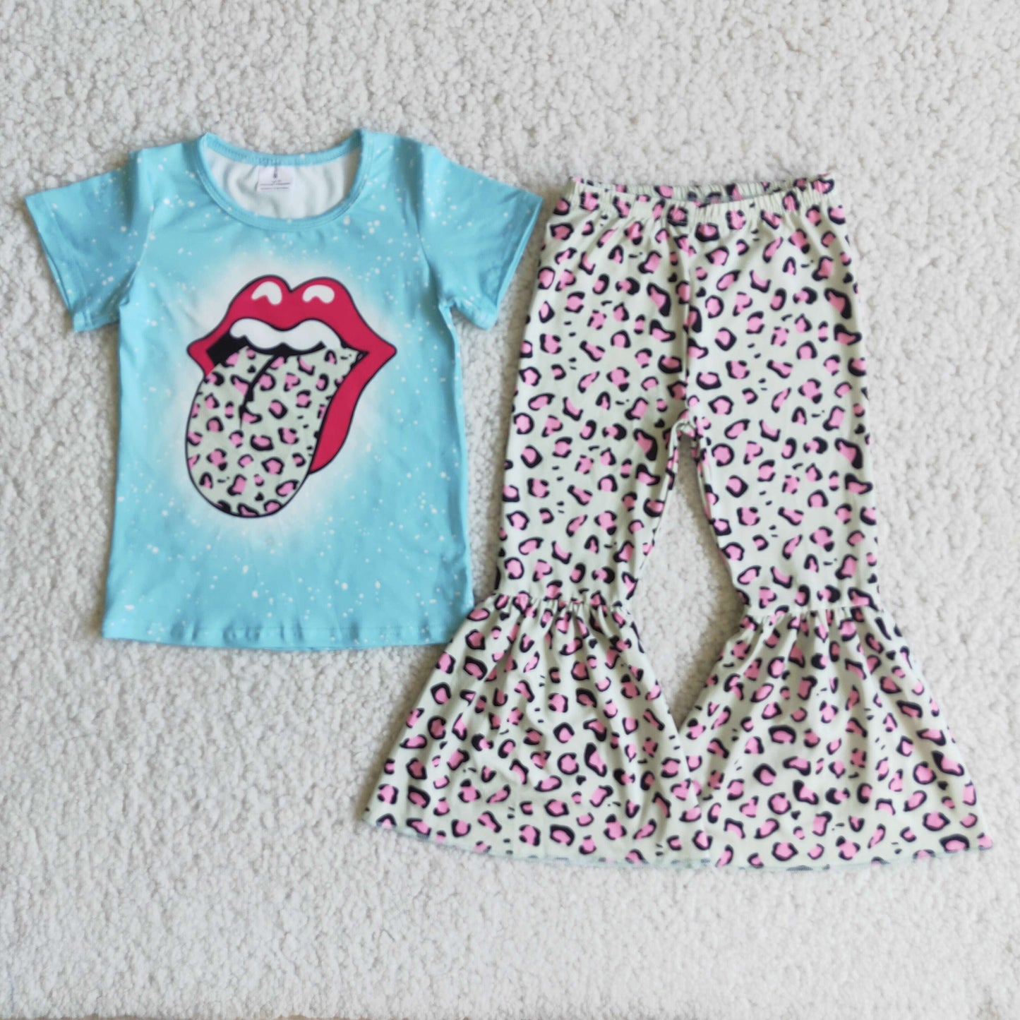 C0-24 Leopard blue short sleeve pants girls set