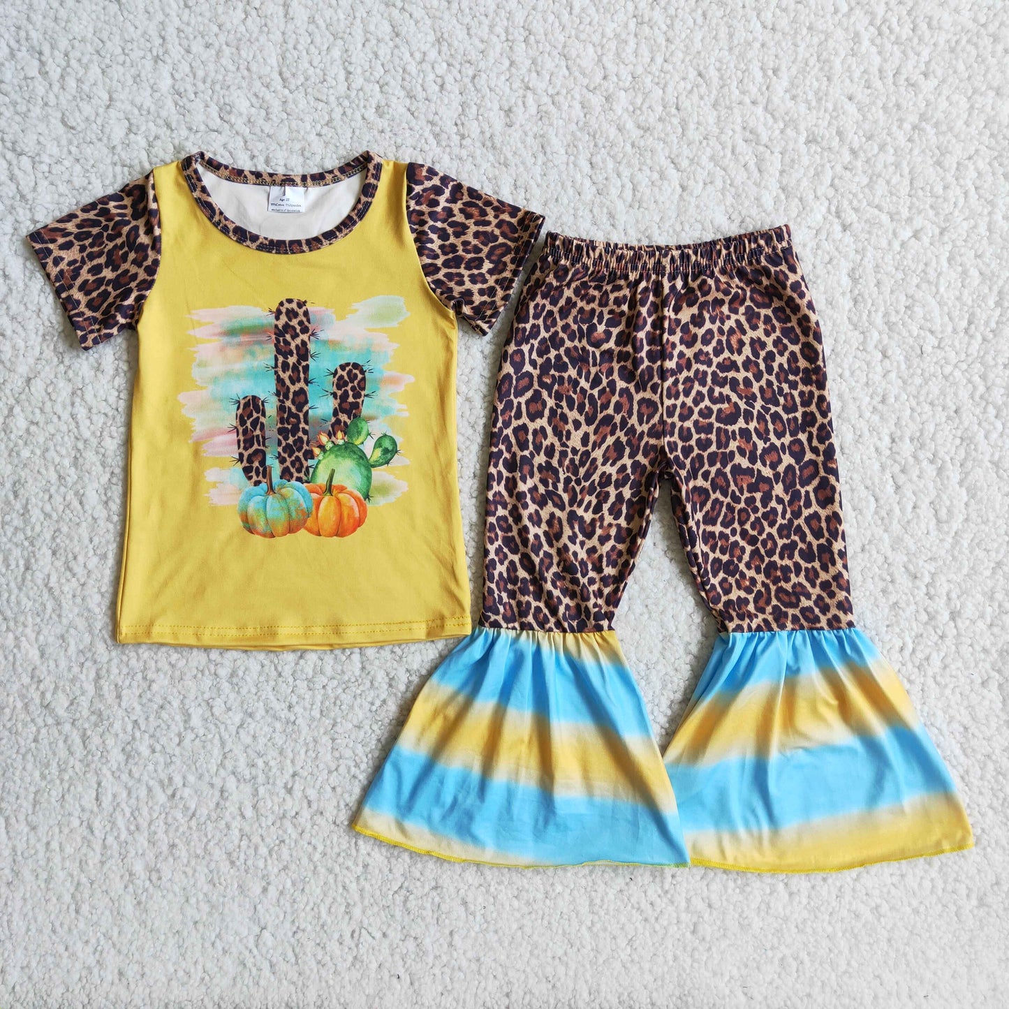 C1-10 Cactus yellow short sleeve leopard pants girls set