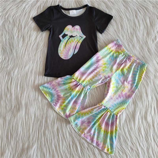 C1-14 Black cartoon short sleeve colorful pants girls set