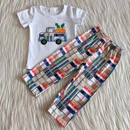 C1-22 Pumpkin truck short sleeve colorful pants kids set