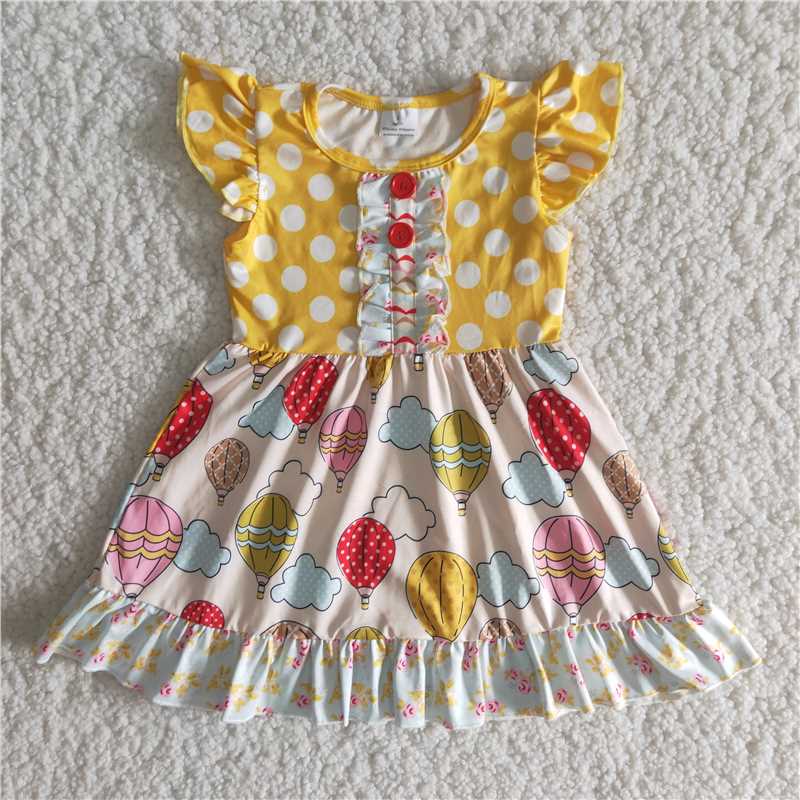 C10-1 hot air balloon yellow dot flutter sleeve girls dress