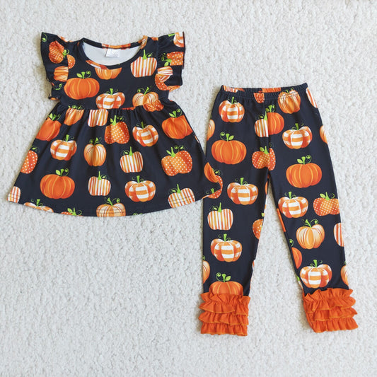 Pumpkin Print Flutter Sleeve Fall Kids Casual Outfits