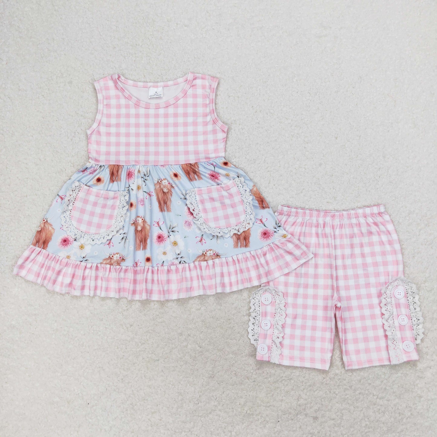 GSSO1161 highland cow flowers pink pocket checkered sleeveless pants girls set