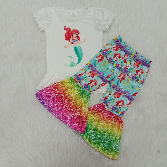 C12-10 Mermaid white short sleeve colorful pants girls set