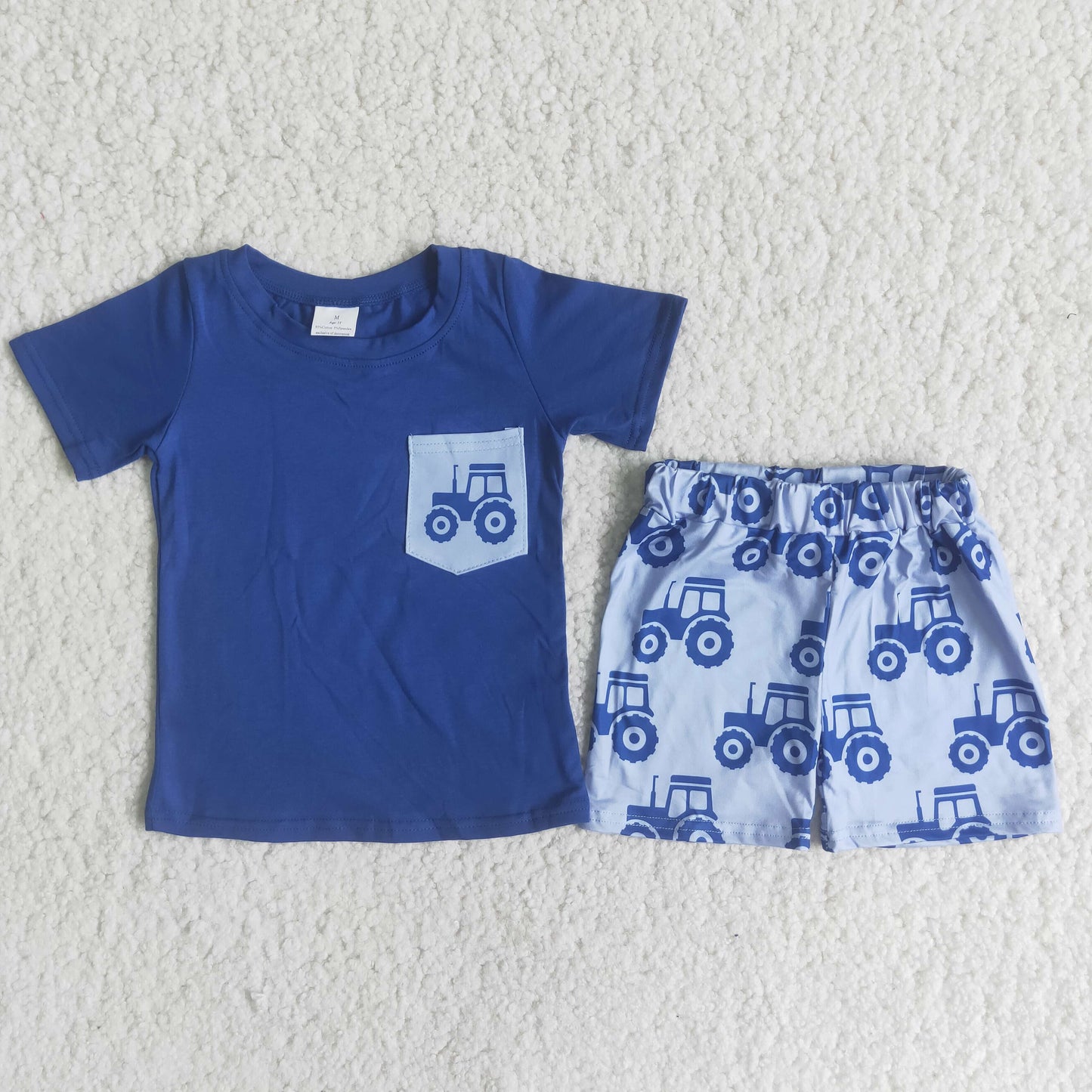 C12-4 tractor pocket navy blue short sleeve shorts boys set