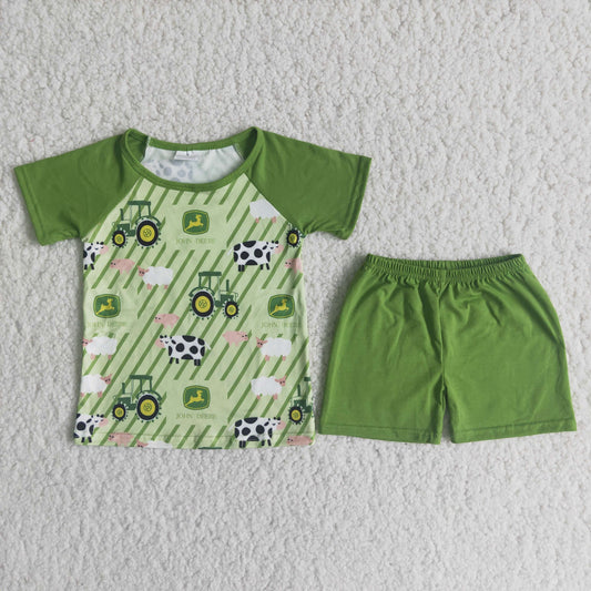 C13-17 farm tractor green short sleeve shorts boys set