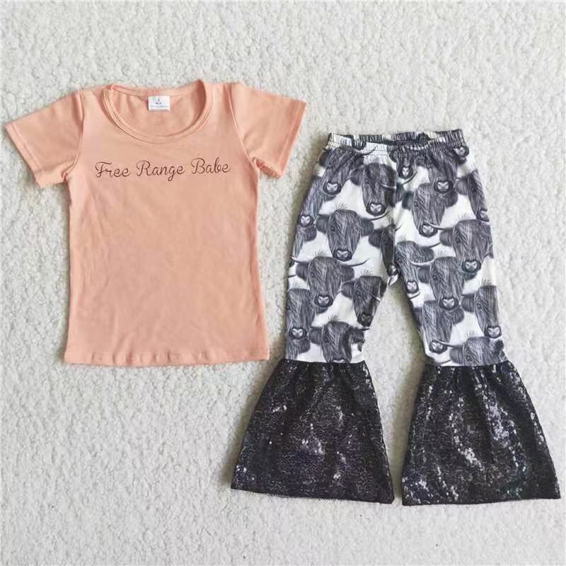 C13-5 Free range babe orange short sleeve highland cow pants girls set