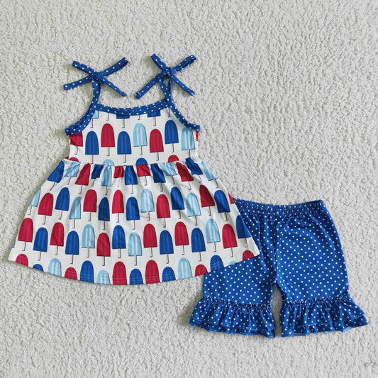 C14-2 July 4th ice blue lace-up top blue dot shorts girls set