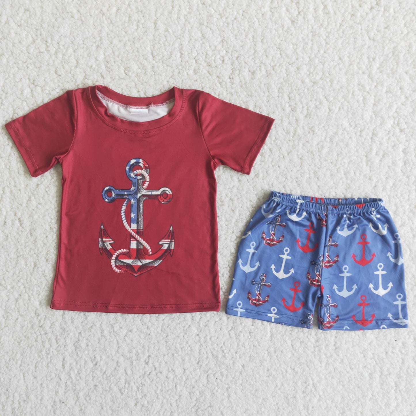 C14-39 July 4th boat anchor red short sleeve blue shorts boys set