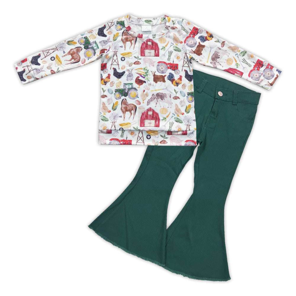 GLP0790 Farm animals house top green denim pants girls set