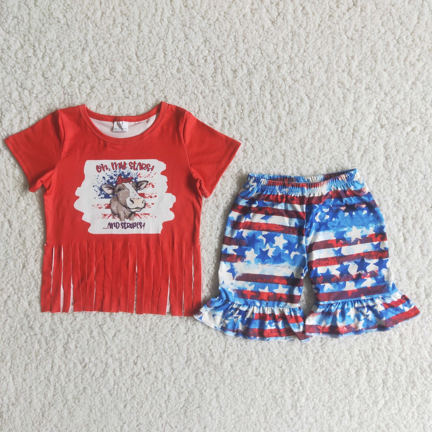 C15-2 oh my stars cow July 4th red tassels short sleeve star striped shorts girls set