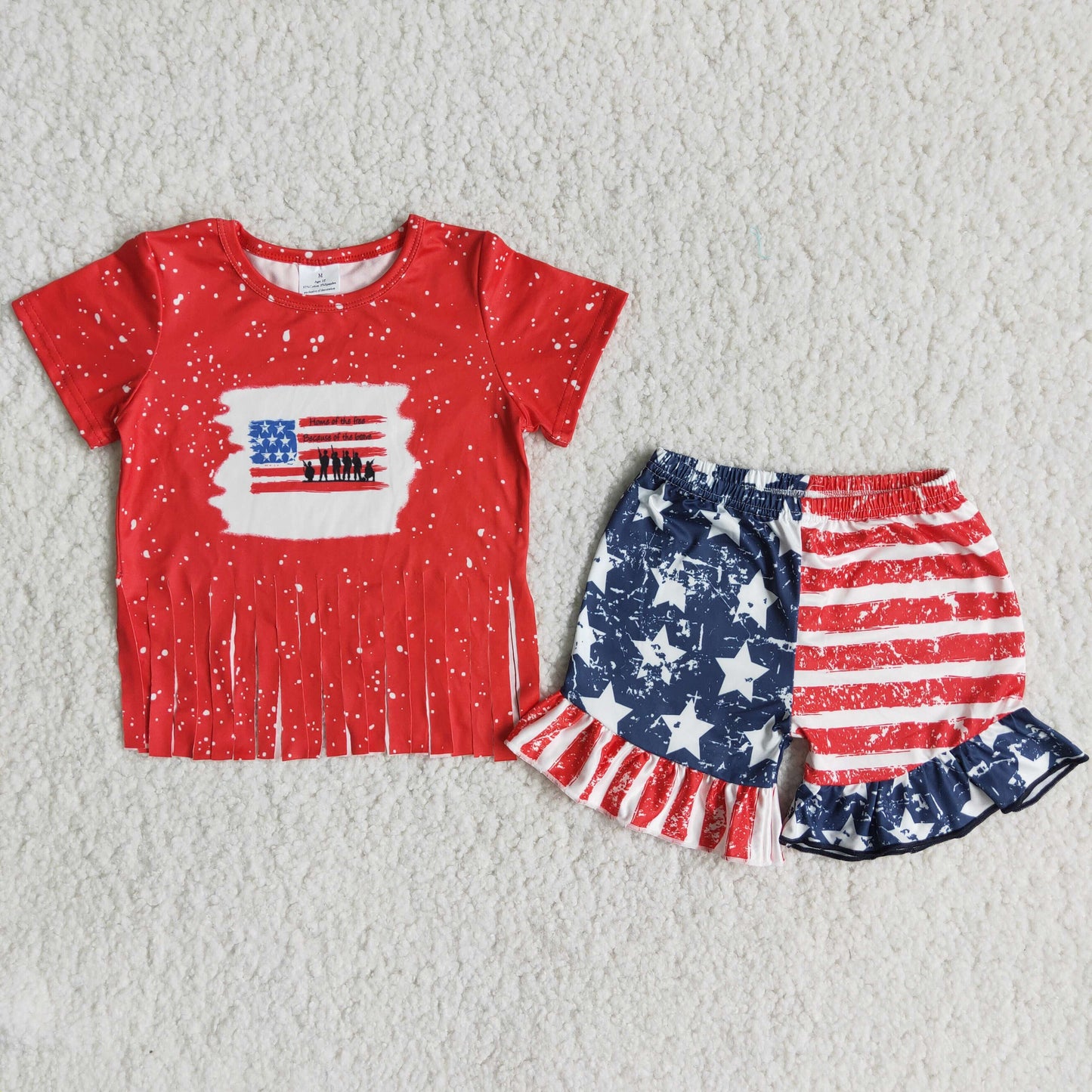 C16-2 July 4th flag red tassels short sleeve striped star shorts girls set