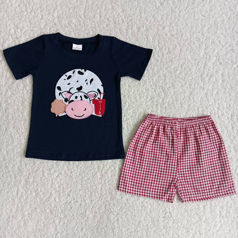 C16-8 embroidery cow black short sleeve red checkered shorts boys set