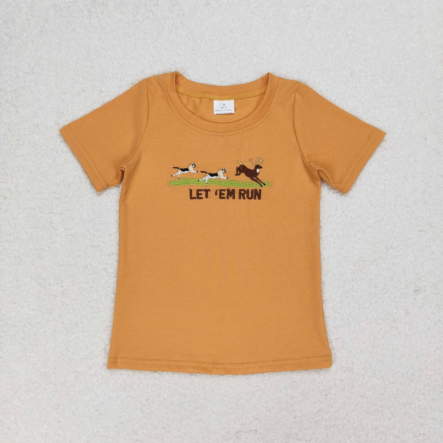 BT0674 embroidery let'em run dog deer orange short sleeve boys top