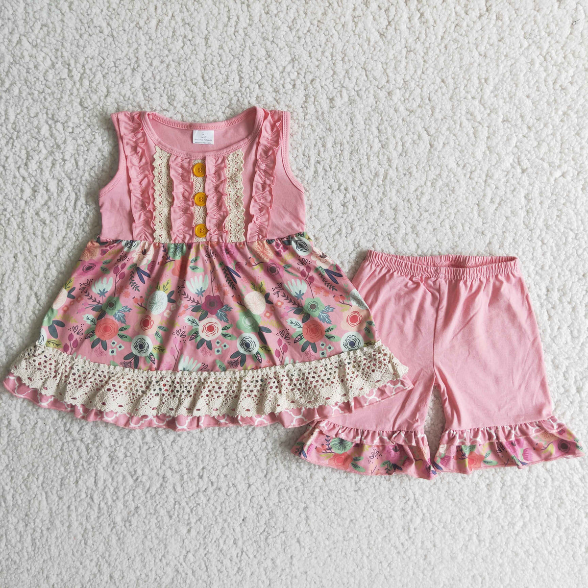 C2-3 pink flowers sleeveless pink shorts girls set