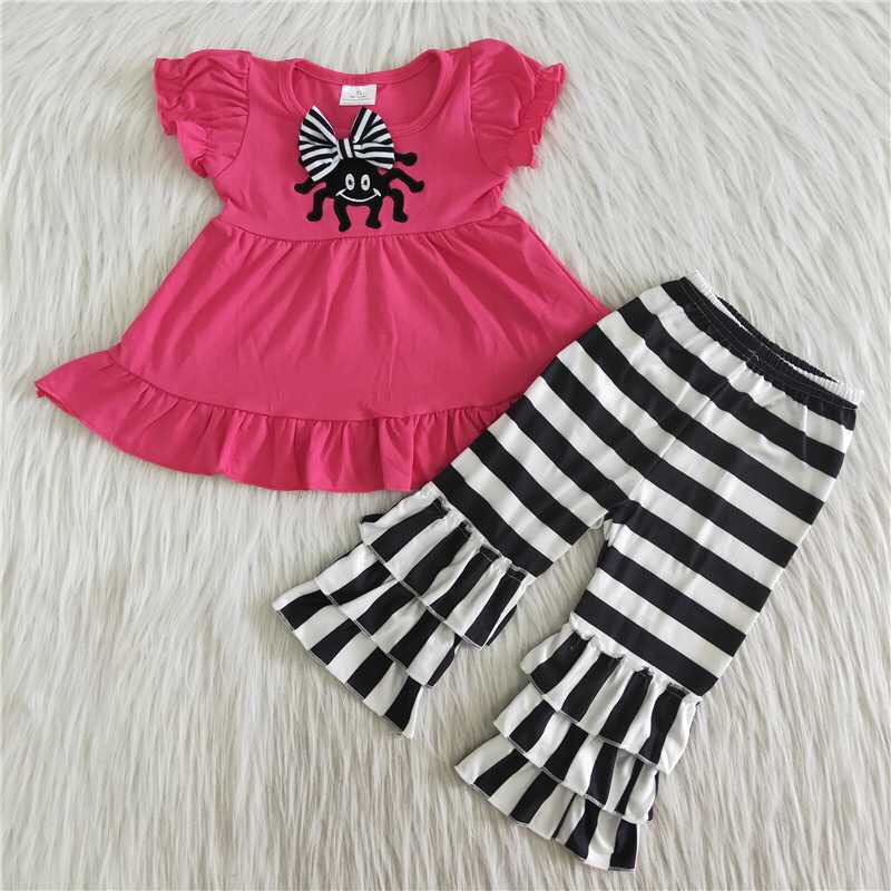 C2-8-21 Hot pink short sleeve black striped pants girls set