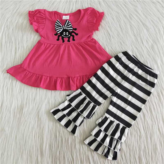 C2-8-1 Hot pink short sleeve black striped pants girls set