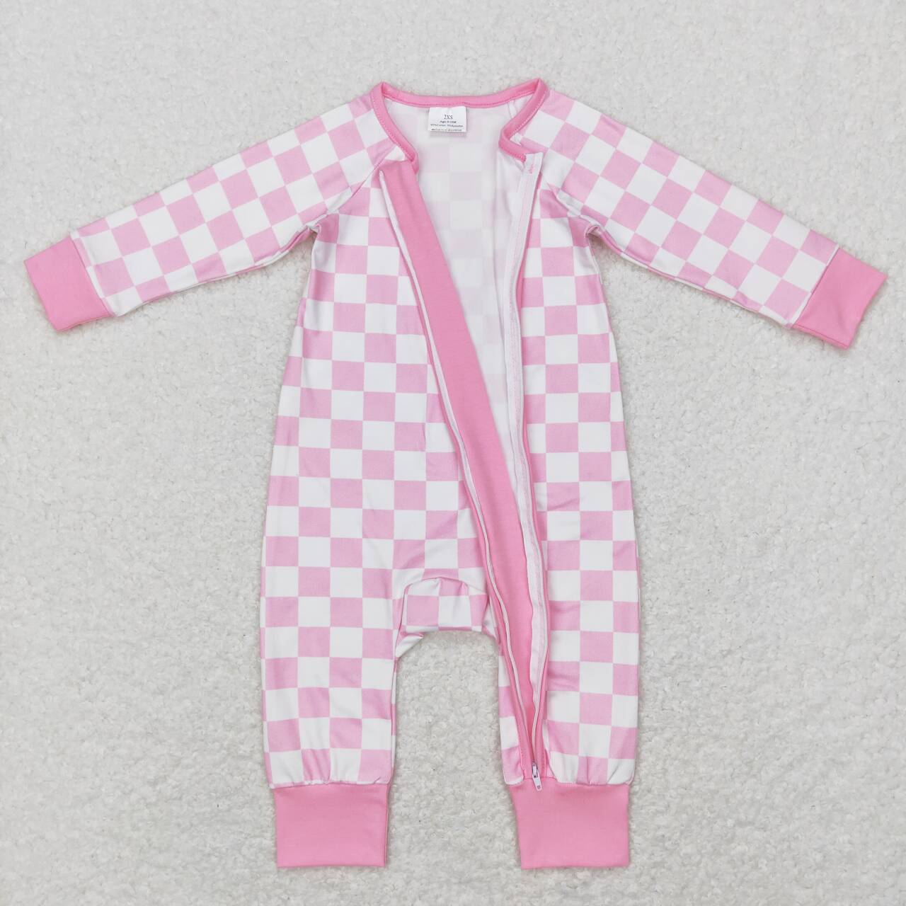 LR0810 Pink checkered zipper long sleeve kids romper