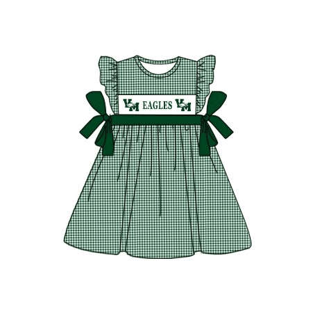 custom style VM EAGLES green checkered flutter sleeve girls bows dress