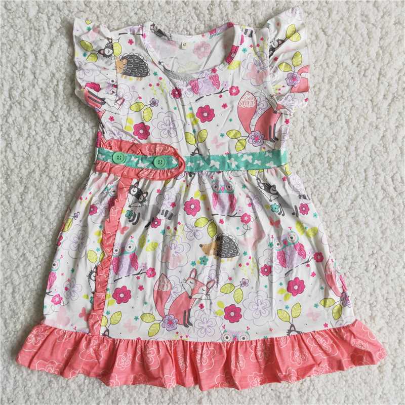 C3-9-1 animals fox flowers pink flutter sleeve girls dress