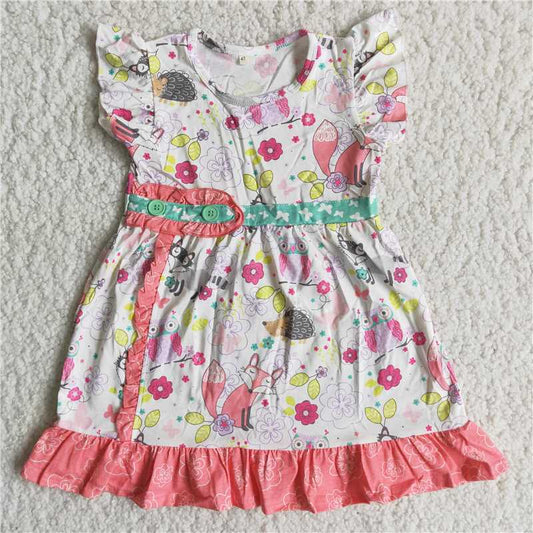 C3-9-1 animals fox flowers pink flutter sleeve girls dress