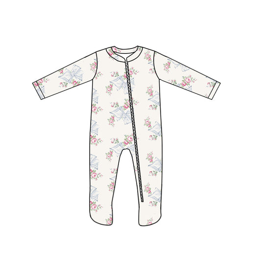 custom style flowers blue bows 1 long sleeve zipper girls romper