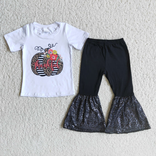 C4-14 Thankful Short Sleeve Fall Match Black Cotton Sequin Pants Kids Outfits