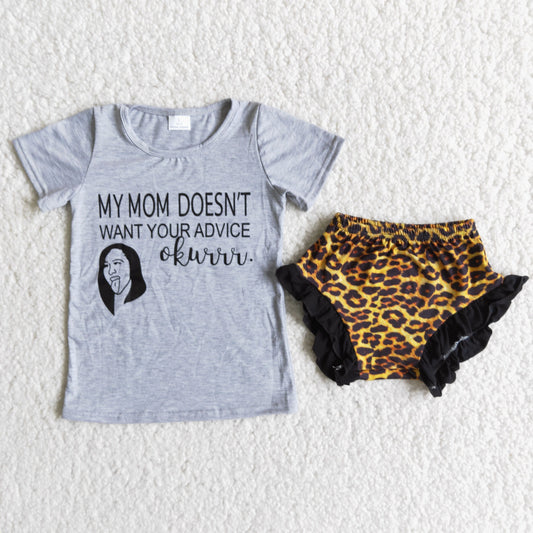 C4-1 my mom doesn't grey short sleeve leopard girls bummies set