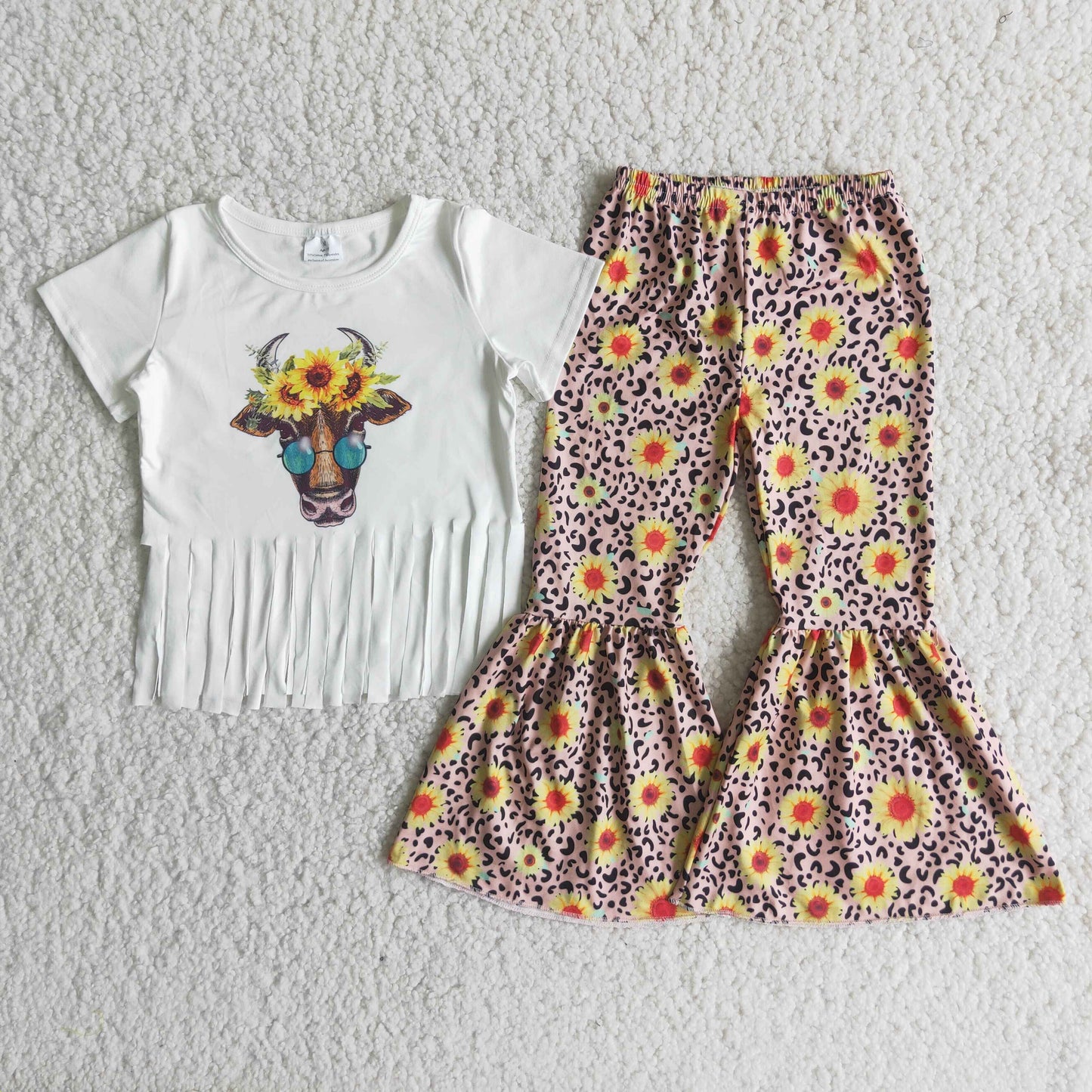 C4-2 Cow sunflowers white tassels short sleeve leopard pants girls set