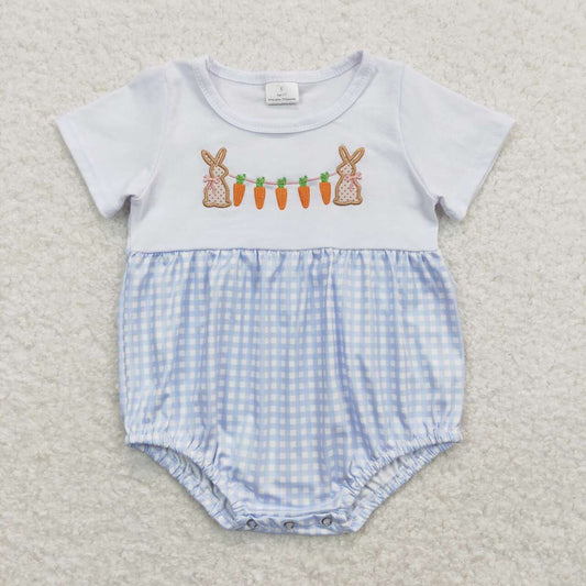 SR0723 embroidery Easter rabbit carrot blue checkered boys romper