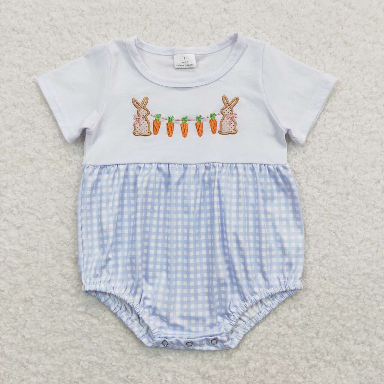 SR0723 embroidery Easter rabbit carrot blue checkered boys romper