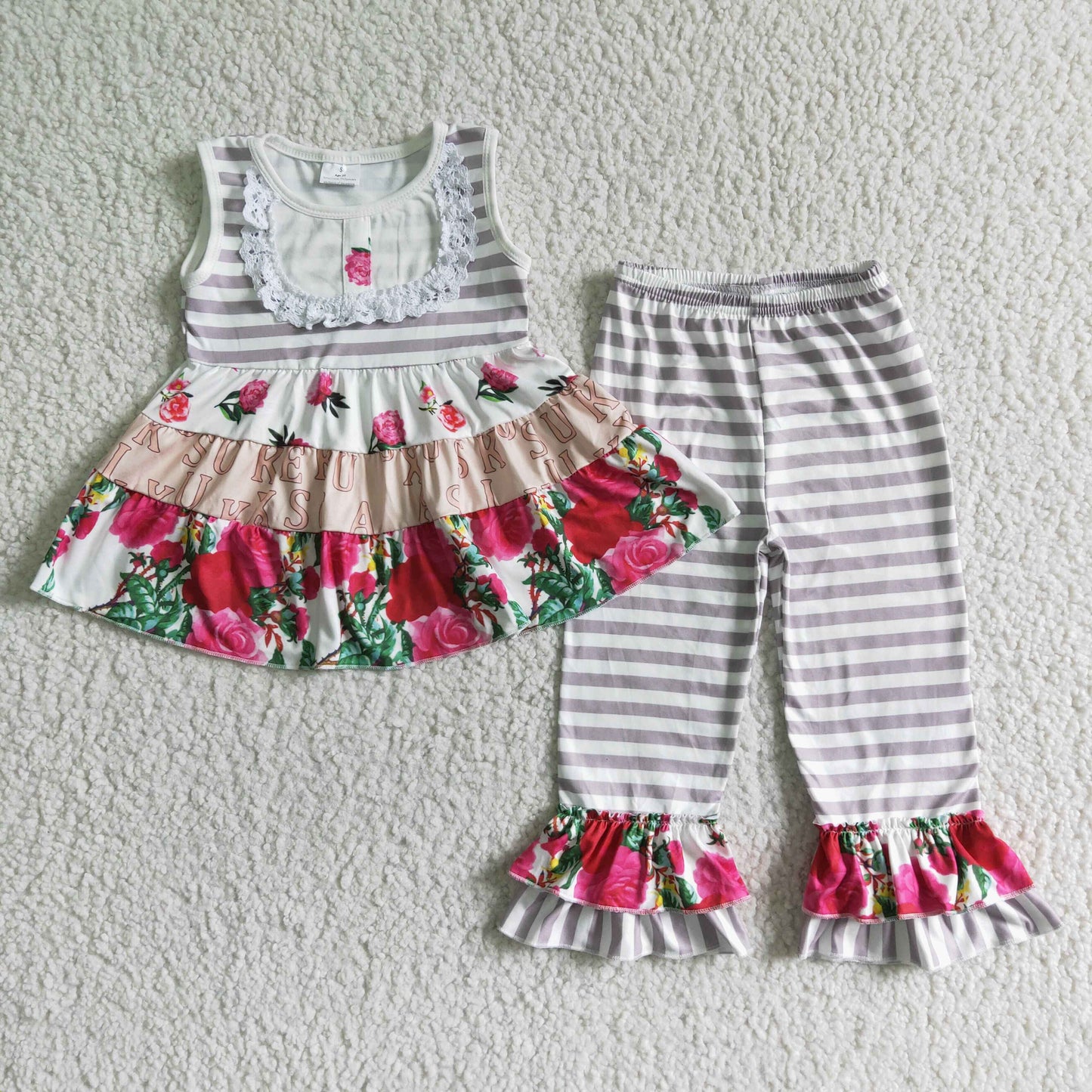 C5-18 Flowers sleeveless grey striped pants girls set