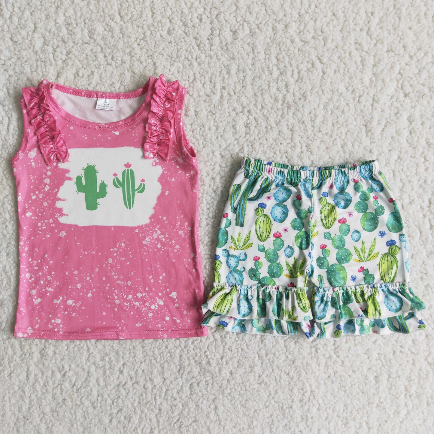 C5-4 cute cactus hot pink sleeveless green cactus shorts girls set