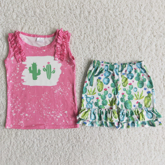 C5-4 cute cactus hot pink sleeveless green cactus shorts girls set