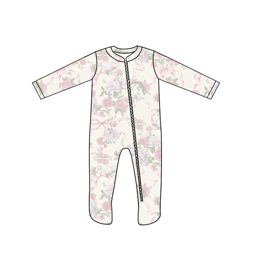 custom style pink flowers 1 long sleeve zipper girls romper